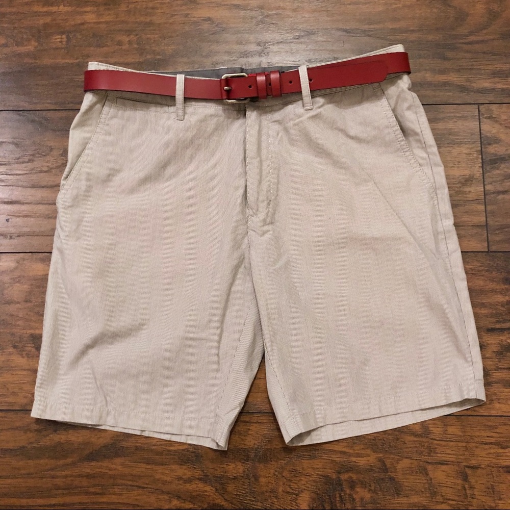 SAKS Red-Label Beige Pin-Stripe Fitted Shorts W32